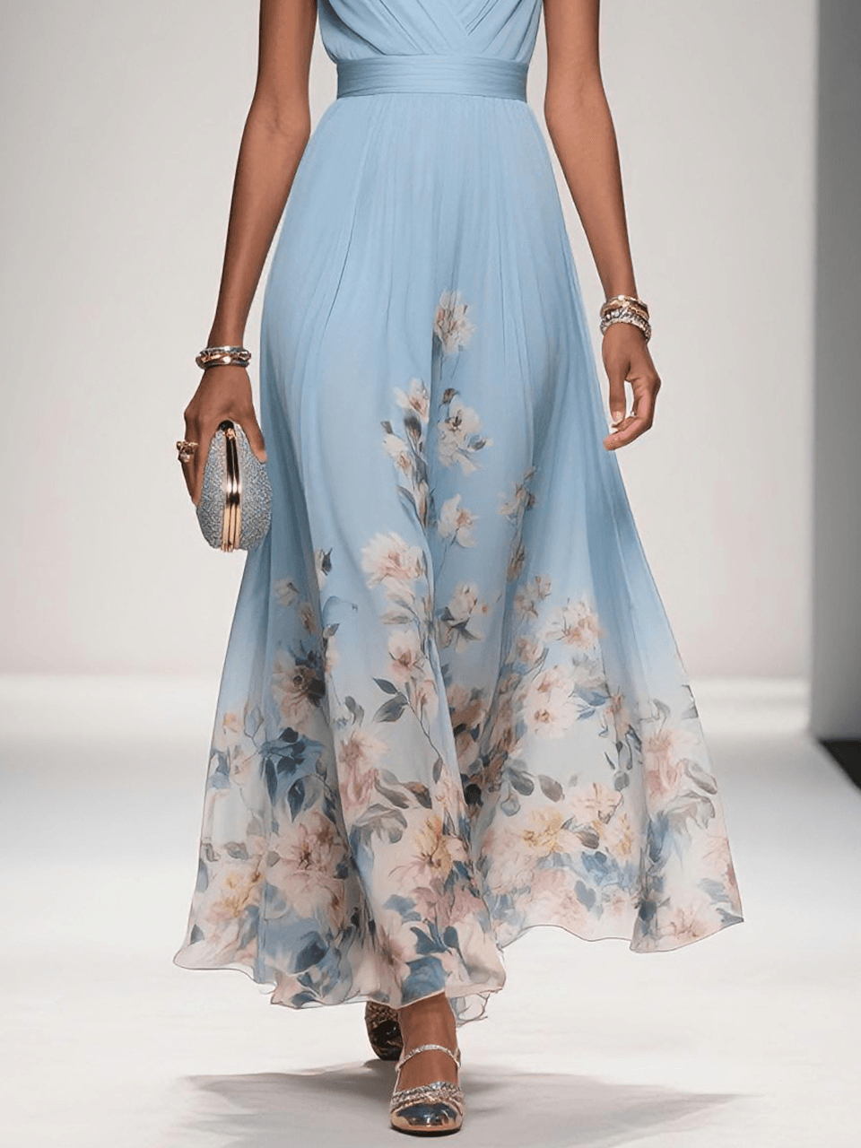 Light Blue Floral Chiffon V-Neck Sleeveless A-Line Maxi Gown