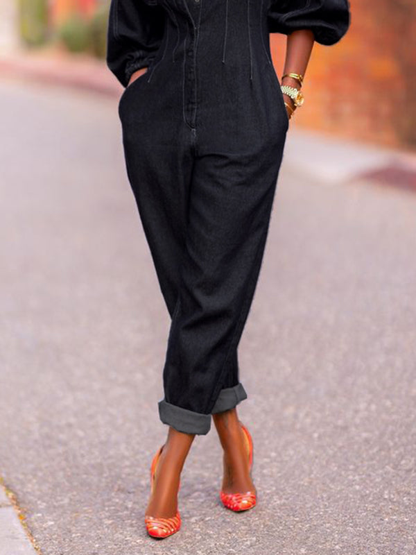 Round-Neck Jumpsuit with Puff Sleeves and Split Joint Design