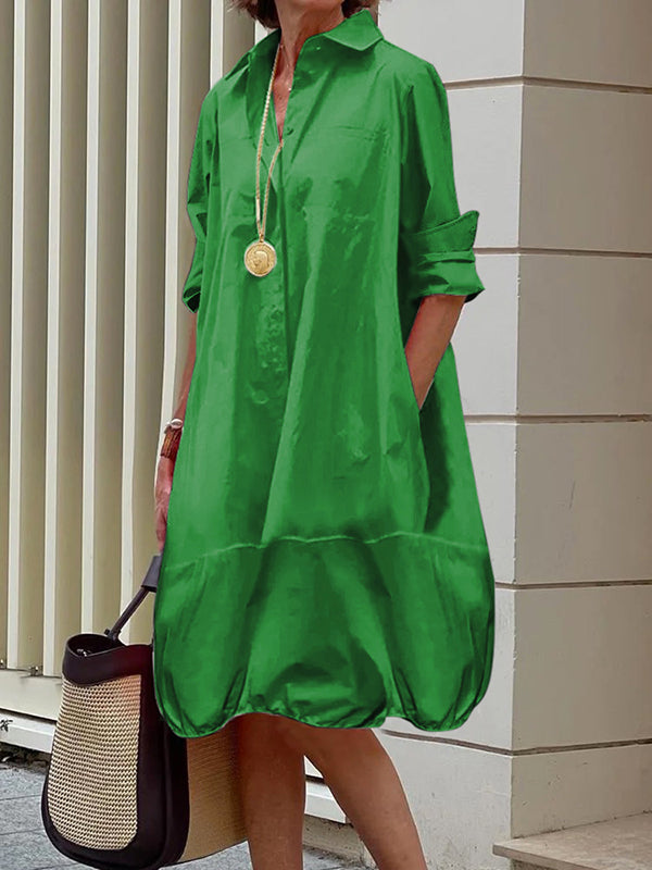 Loose-Fit Midi Shirt Dress with Long Sleeves and Lapel Collar in Solid Colors