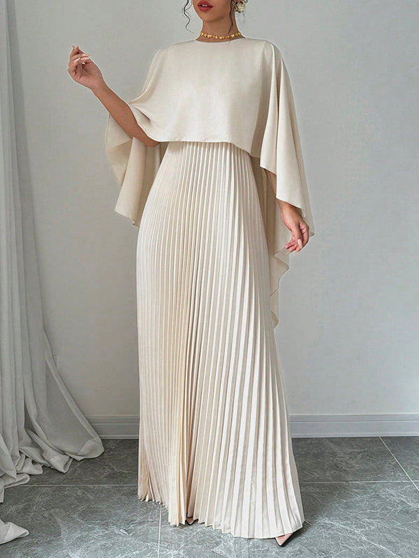 Maxi Evening Dress with Cape, High-Low Pleated Design, Solid Color, and Round Neck