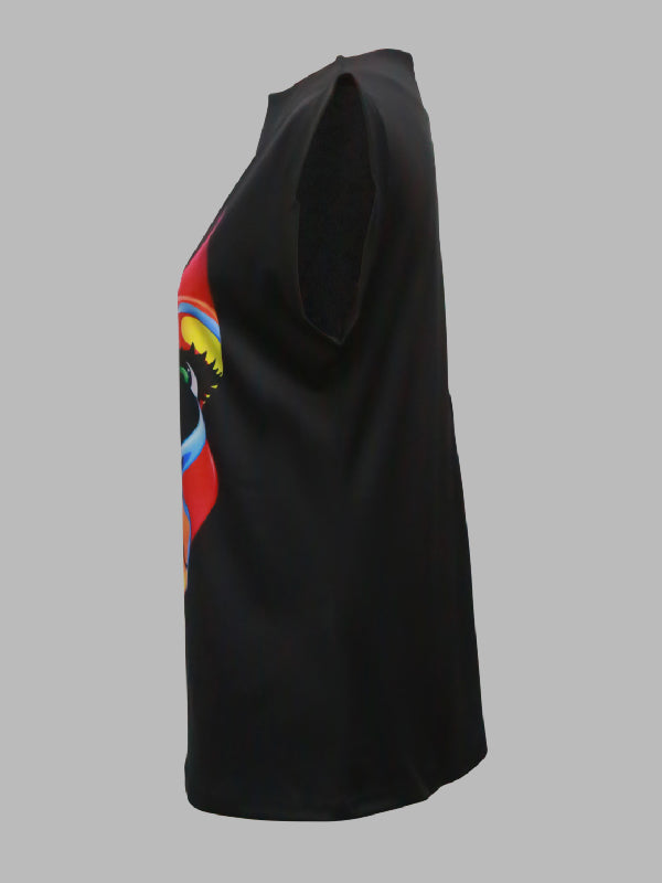 High-Neck Cap Sleeve Loose-Fit Multi-Colored Printed T-Shirt