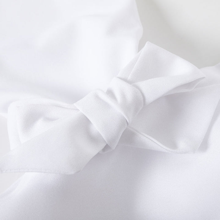 Solid Color Lapel Blouse with Flared Sleeves and Bow Detail