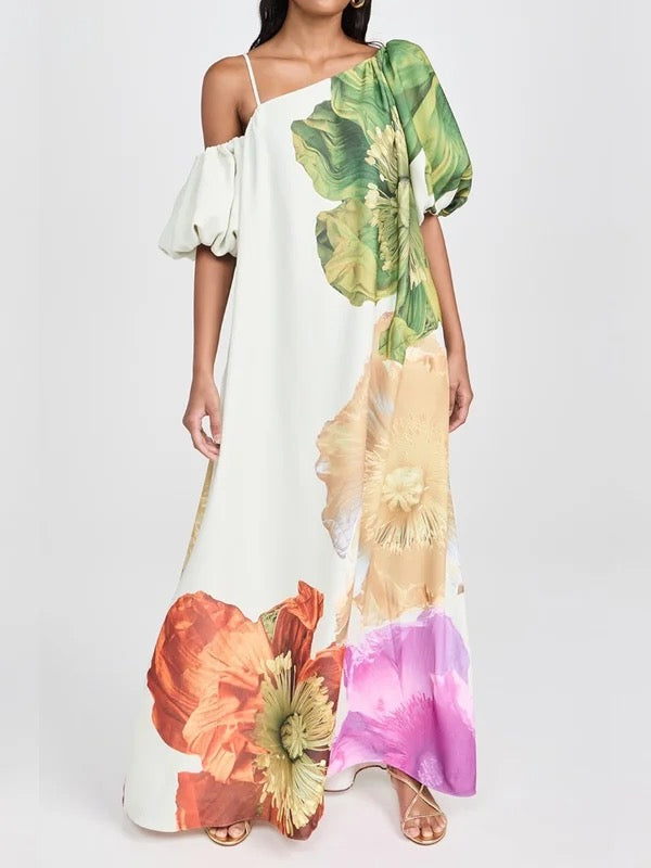 One-Shoulder A-Line Maxi Dress with Loose Fit and Floral Print
