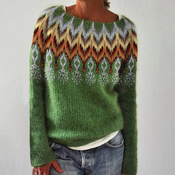 Relaxed Fit Crew Neck Sweater with Feather Print
