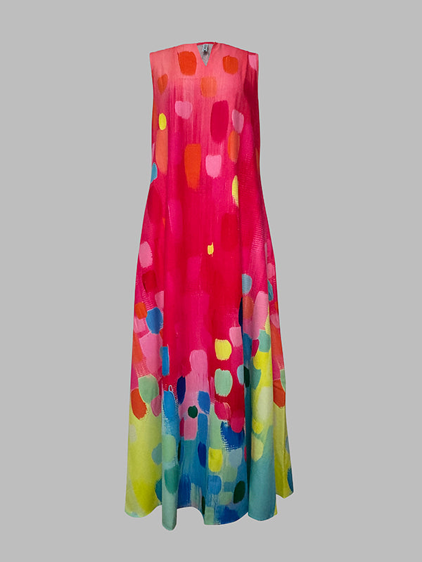 Flowy Sleeveless V-Neck Maxi Dress with Contrast Color Print