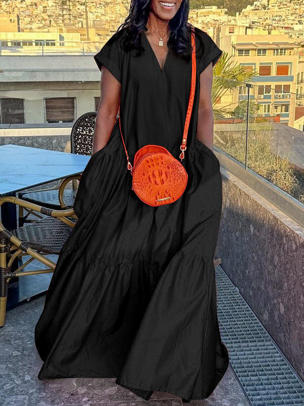 V-Neck Maxi Dress with Pleated Pockets and Loose Short Sleeves in Solid Colors