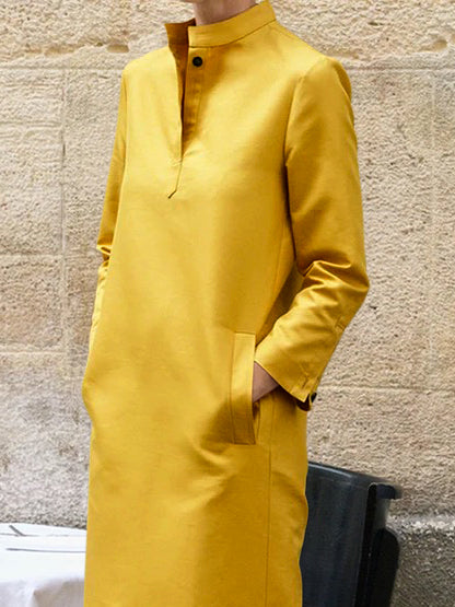 Loose-Fit Midi Dress with Long Sleeves, Solid Color, and Split-Side Hem