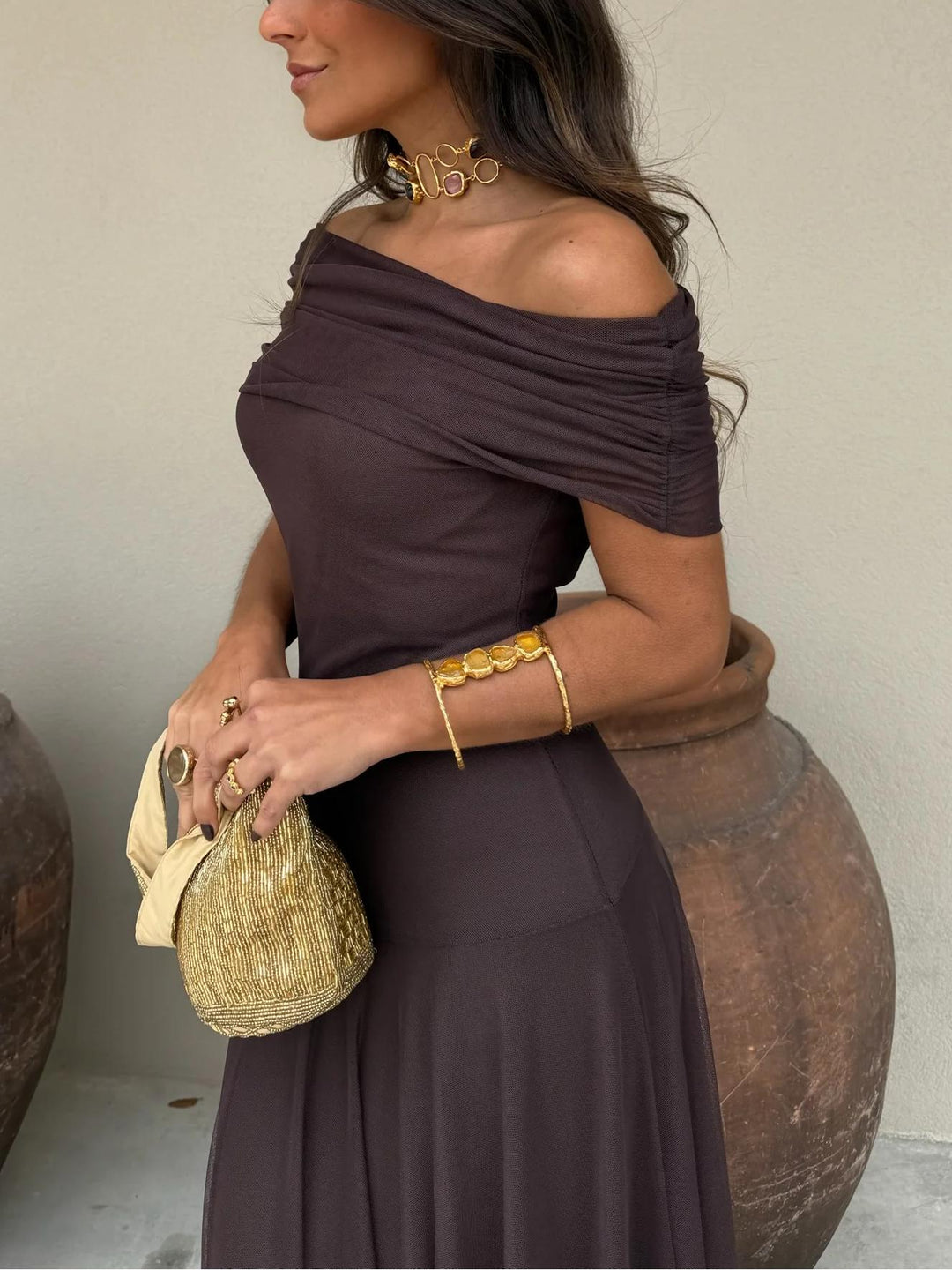 Brown One-Shoulder Mesh Maxi Gown