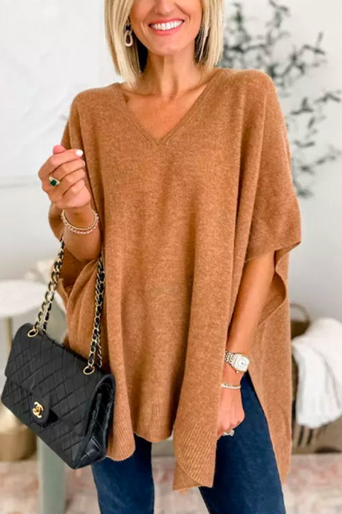 Stylish V-Neck Loose-Fit Solid Poncho Sweater