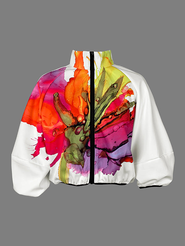 Asymmetric Floral Print High Neck Outerwear with Loose Puff Sleeves