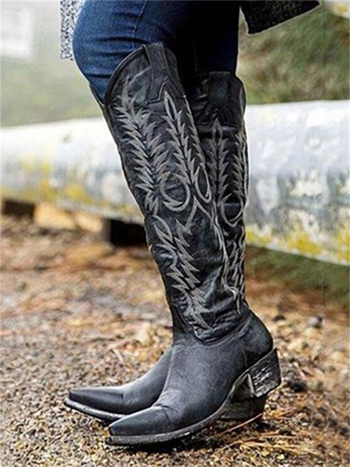 Retro Western Cowboy Knee-High Boots with Embroidery