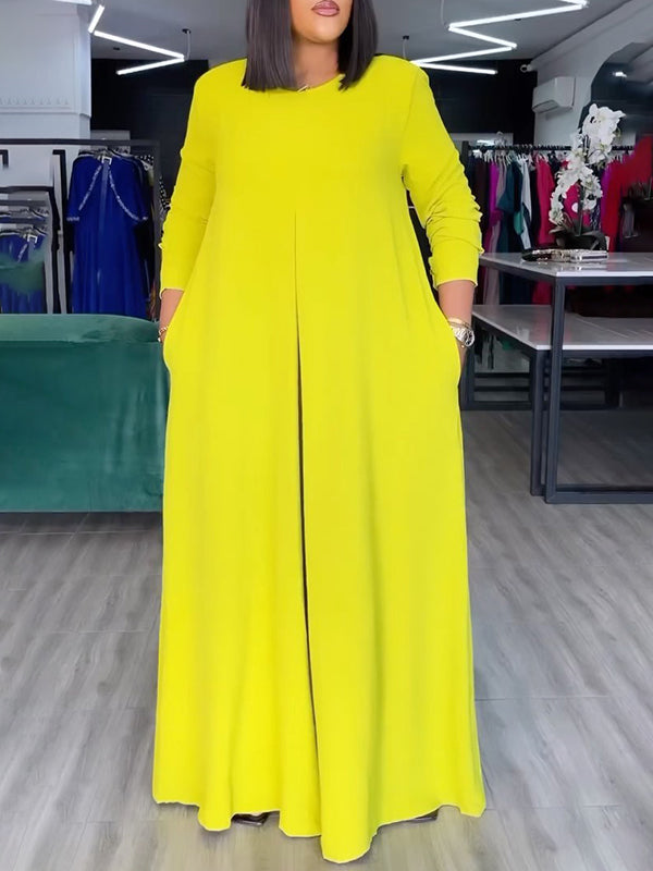 Relaxed Fit Wide Leg Jumpsuit with Pockets and Round Neck