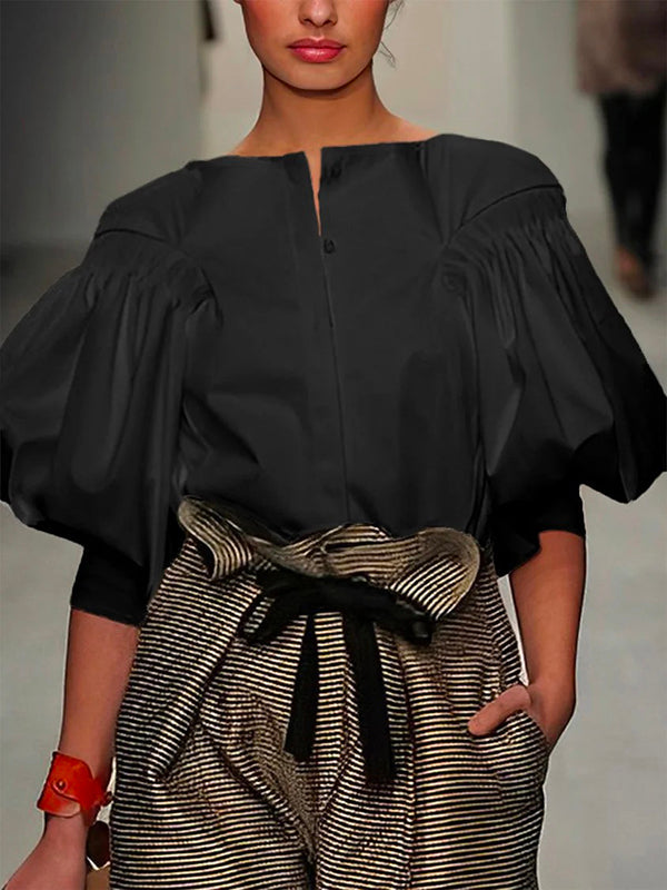 Solid Color Blouses & Shirts with Puff Sleeves and Button Detail