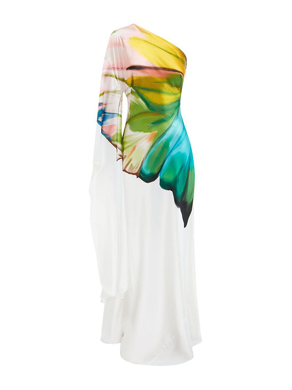 One-Shoulder Maxi Dress with Long Sleeves and Asymmetric Flower Print