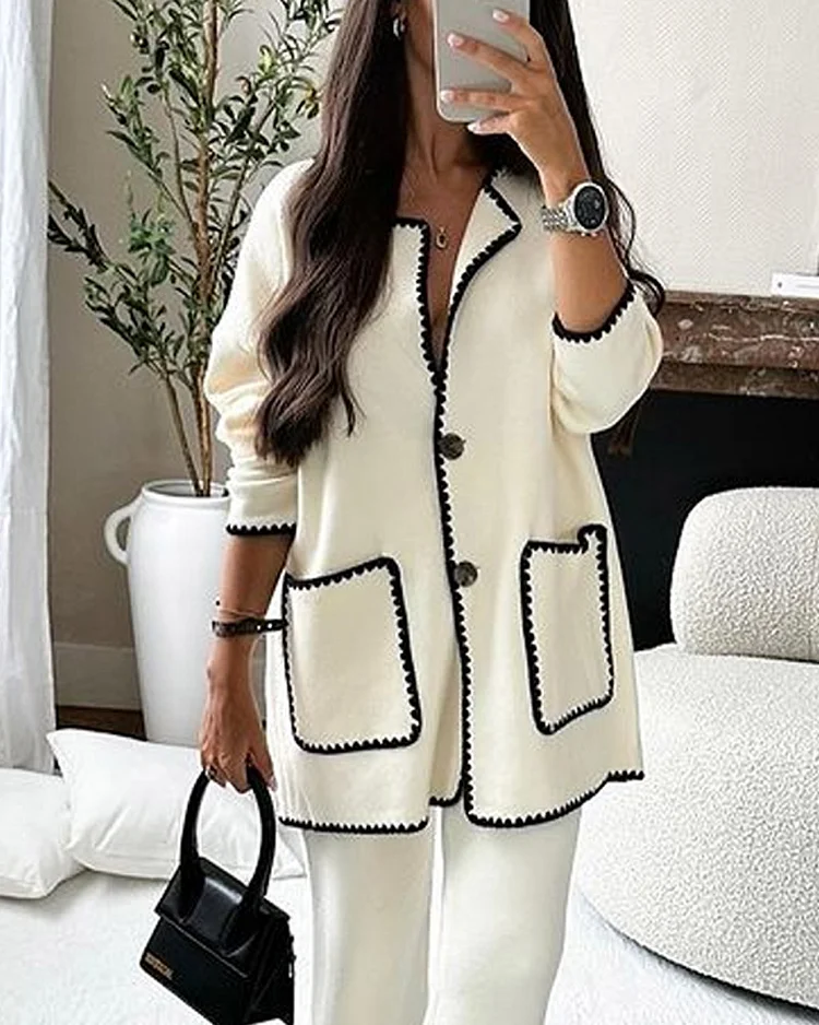 Two-Piece Set: Casual Pants with Edge-Decorated Jacket