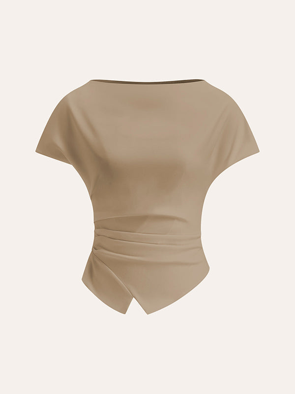 Relaxed Fit Asymmetric Pleated Solid Color Raglan Sleeve T-Shirts with Round Neck