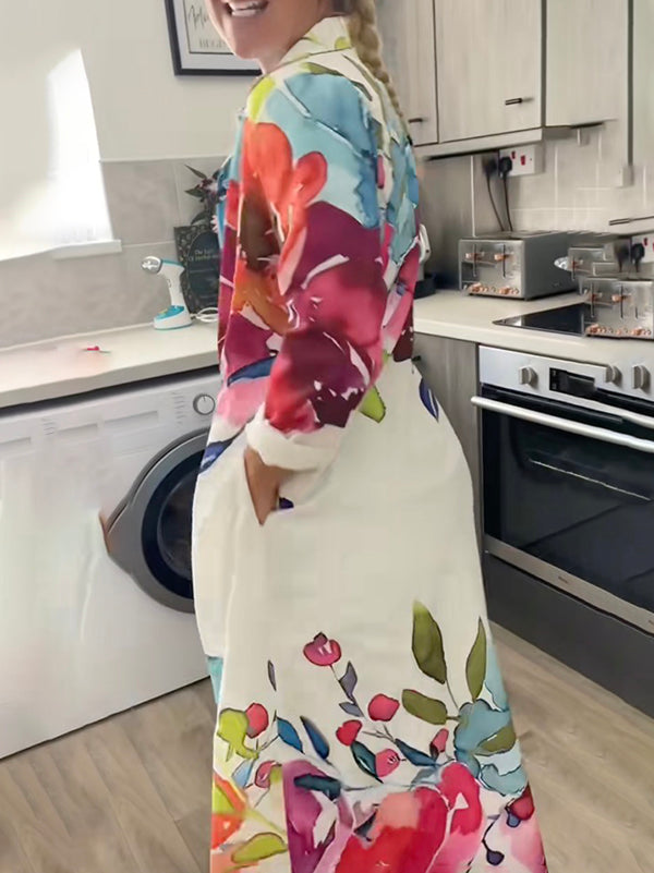 Floral Print Maxi Shirt Dress with Long Sleeves and Button Closure
