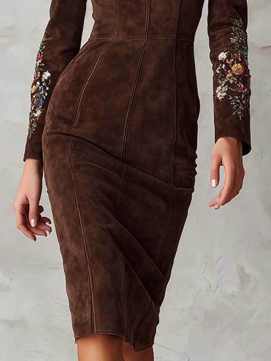 Embroidered Midi Dress with Puff Sleeves in Brown Suede