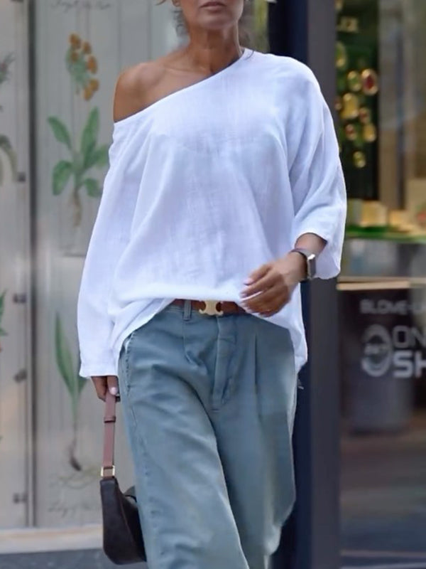 One-Shoulder Long Sleeve Loose Fit Solid Color T-Shirt