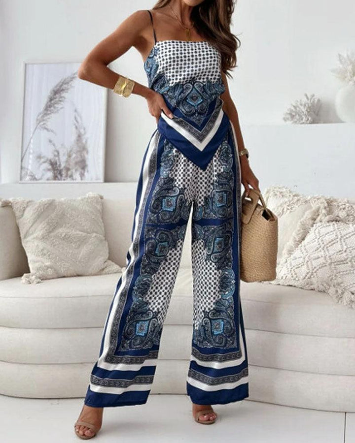 Chic Printed Lace-Up Vest and Pants Two-Piece Ensemble