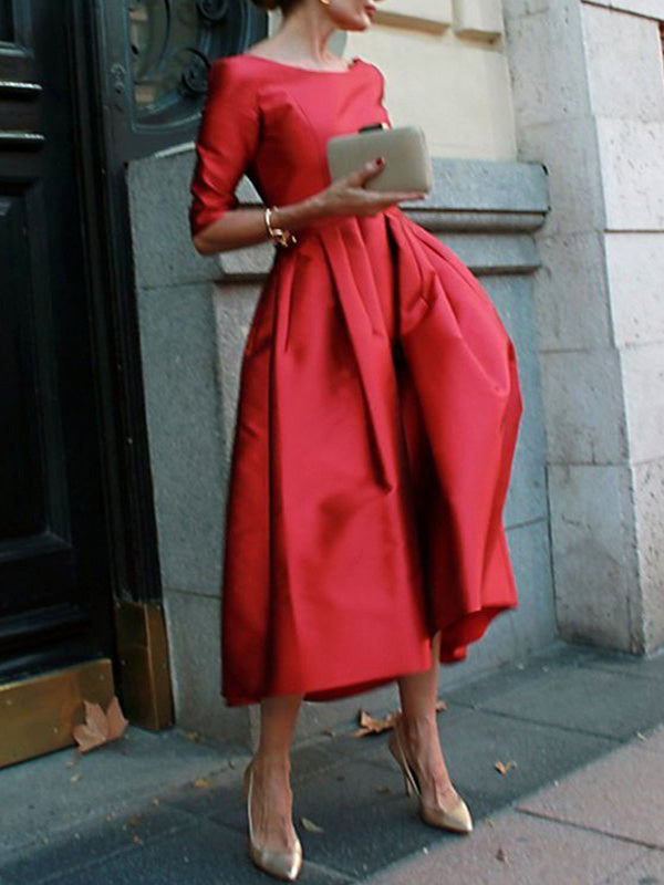 Solid Color A-Line Midi Dress with Loose Pleats, Pockets, and Split-Joint Round Neck