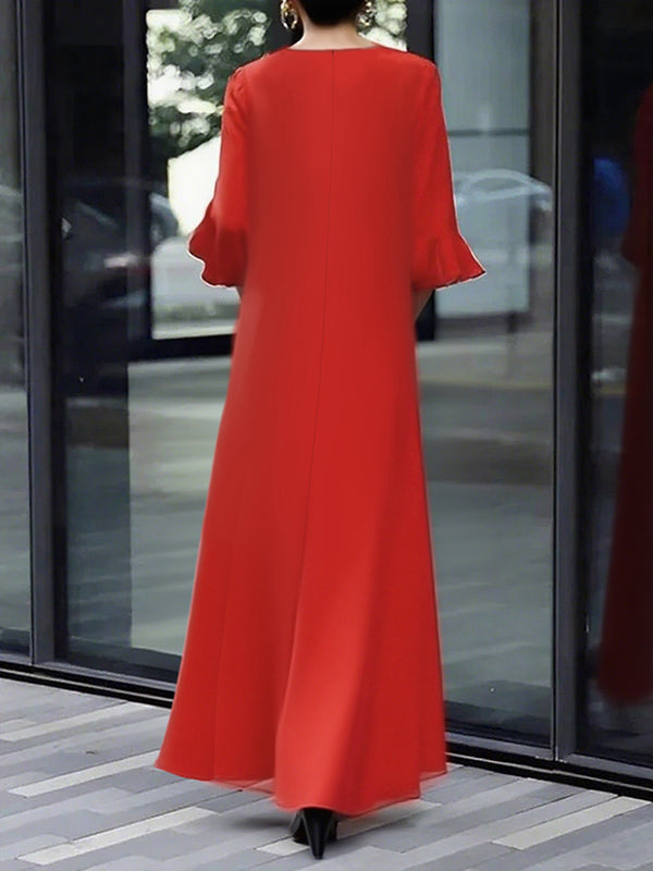 Solid Color Maxi Dress with A-Line Silhouette and Flared Sleeves featuring a Zippered Round Neck