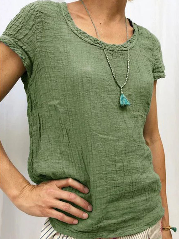 Vintage Round Neck Cotton-Linen Casual Shirt