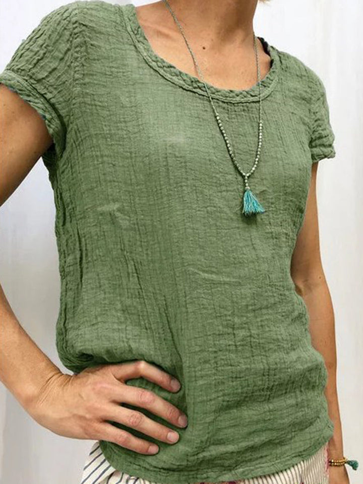 Vintage Round Neck Cotton-Linen Casual Shirt