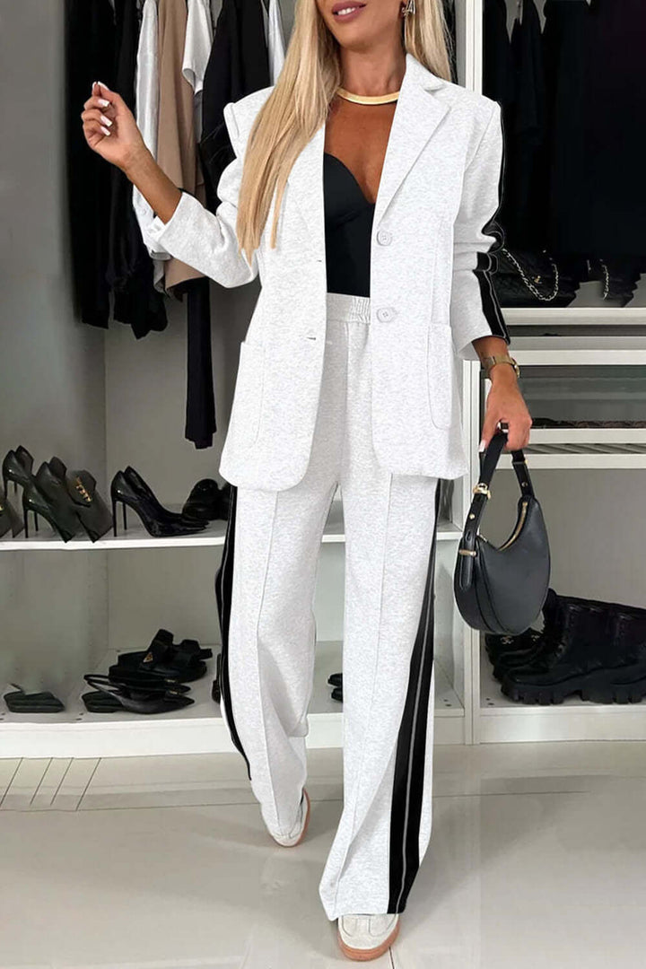 Two-Piece Set: Contrast Lapel Collar Top with Matching Pants