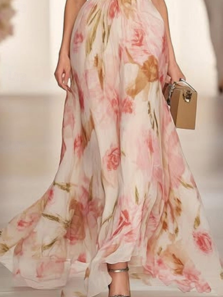 Casual Maxi Dress with Floral Print and V-Neck Short Sleeves