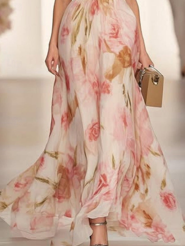 Casual Maxi Dress with Floral Print and V-Neck Short Sleeves