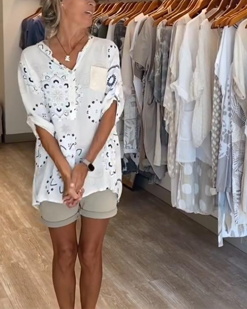 Versatile V-Neck Printed Blouse with Half Sleeves