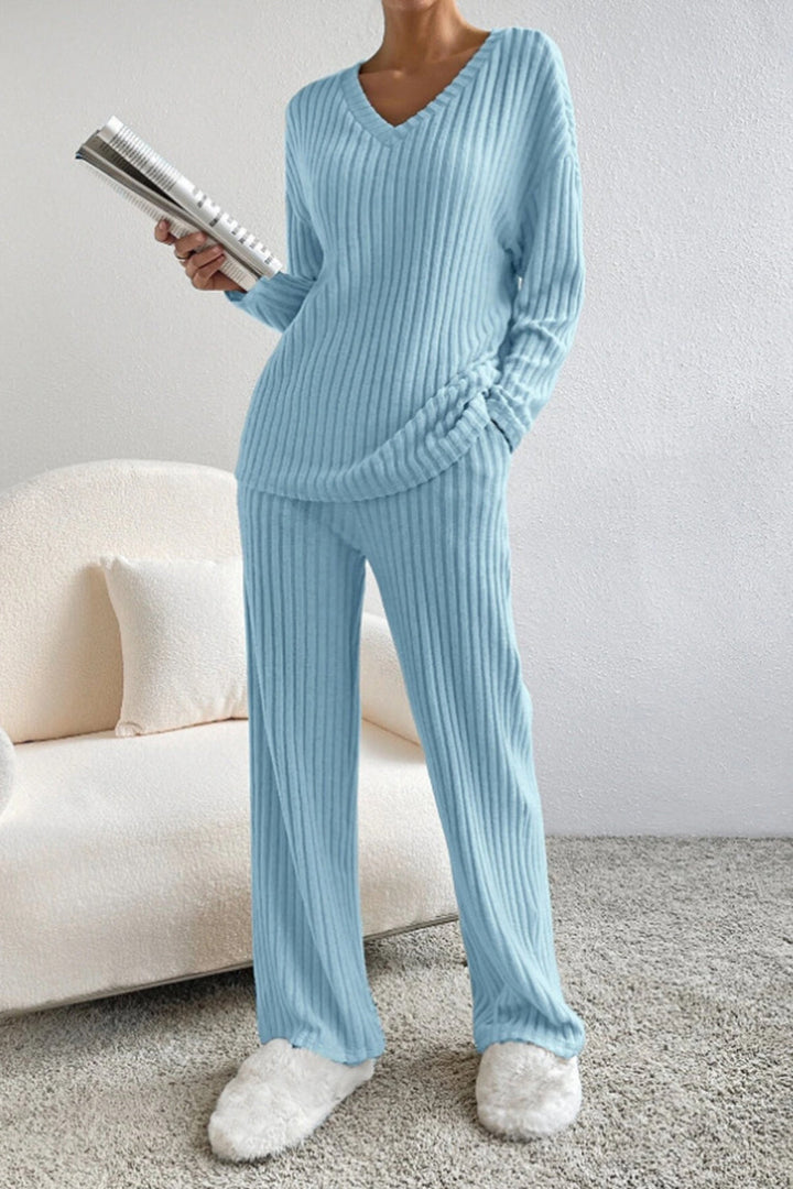 Ribbed V-Neck Top with Matching Pants Set