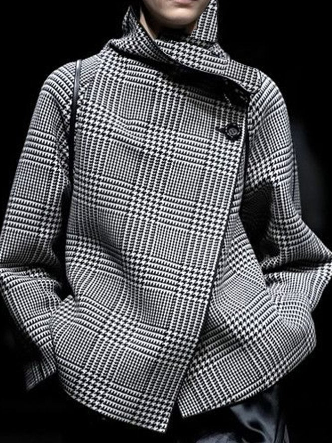 Asymmetric Houndstooth Plaid Jacket with Long Sleeves and Stand Collar