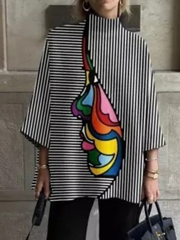 Striped Stand Collar T-Shirt with Loose Three-Quarter Sleeves and Figure Print