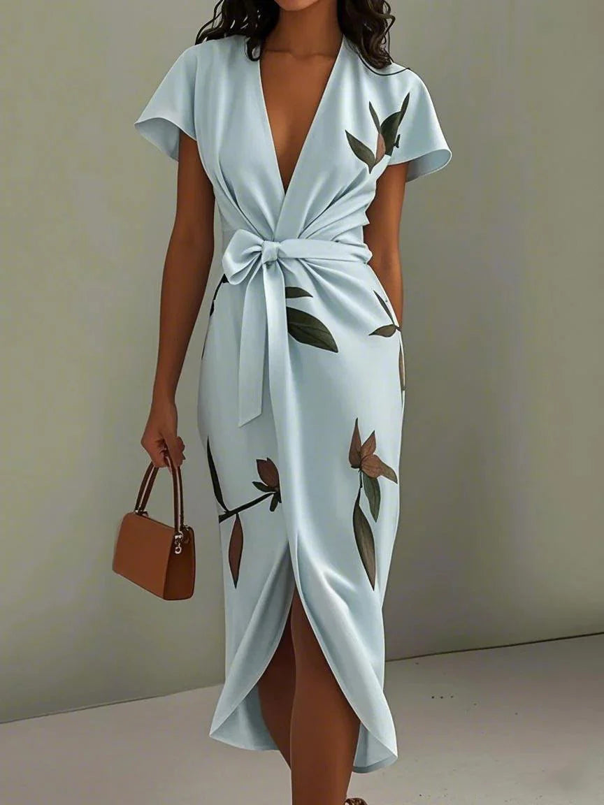 White Leaf Satin Wrap Midi Dress with Short Sleeves