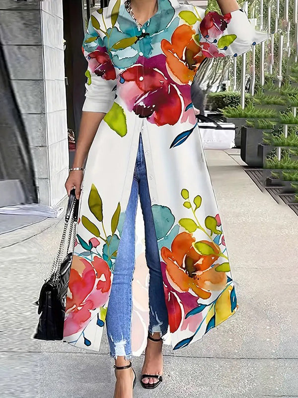 Floral Print Maxi Shirt Dress with Long Sleeves and Button Closure