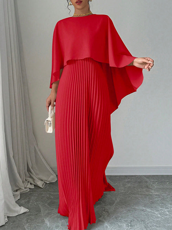 Maxi Evening Dress with Cape, High-Low Pleated Design, Solid Color, and Round Neck