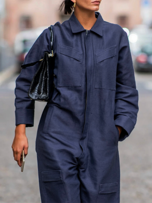 Loose-Fit Long Sleeve Solid Color Zipper Lapel Jumpsuit
