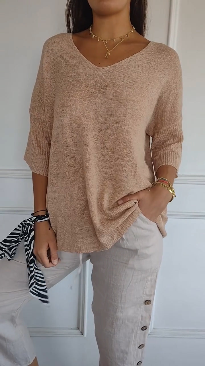 V-Neck Solid Color Knit Top