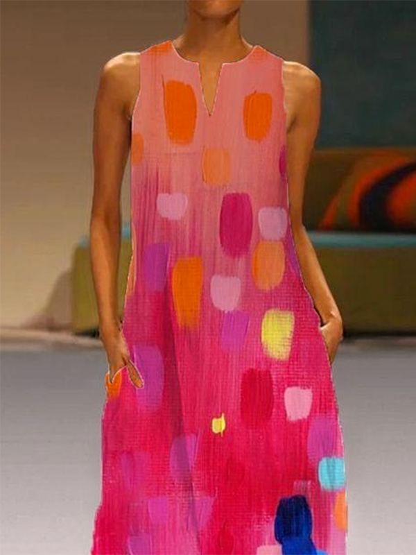 Flowy Sleeveless V-Neck Maxi Dress with Contrast Color Print