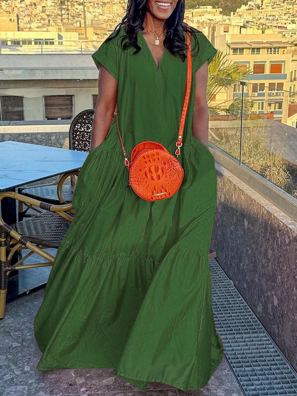 V-Neck Maxi Dress with Pleated Pockets and Loose Short Sleeves in Solid Colors
