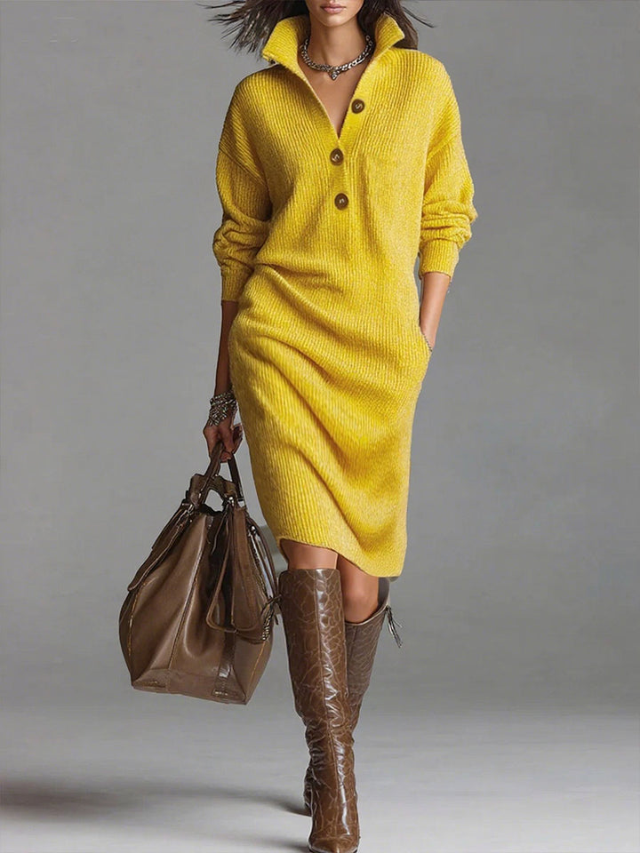 Loose Knit Dress with Stand Collar and Long Sleeves in Solid Color