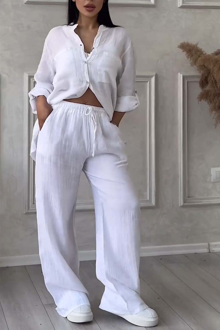 Two-Piece Set: Casual Solid Color Cotton-Linen Blend Pants
