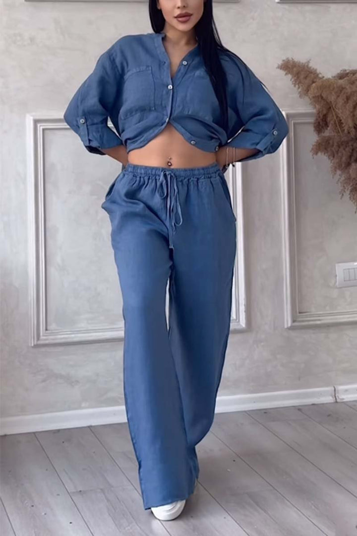 Two-Piece Set: Casual Solid Color Cotton-Linen Blend Pants
