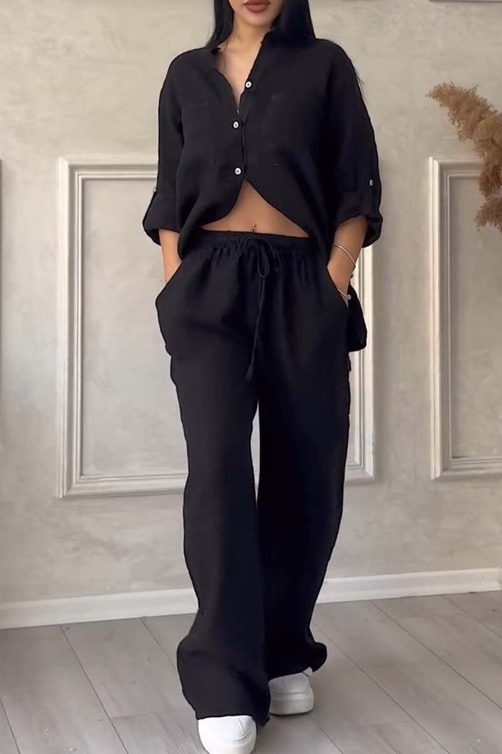 Two-Piece Set: Casual Solid Color Cotton-Linen Blend Pants