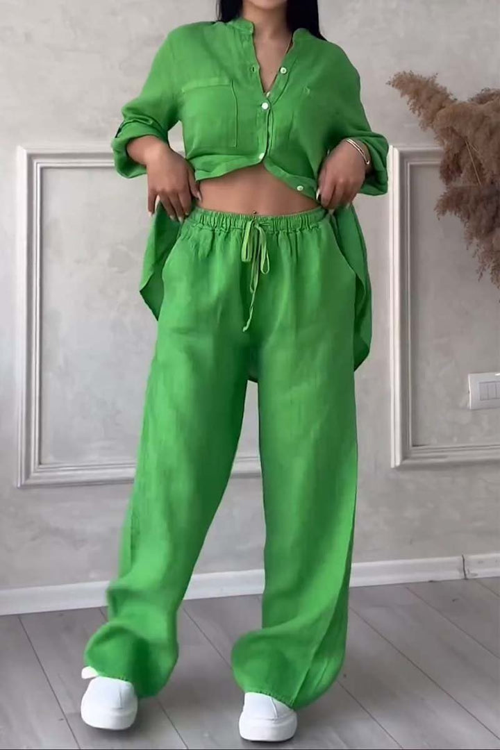 Two-Piece Set: Casual Solid Color Cotton-Linen Blend Pants