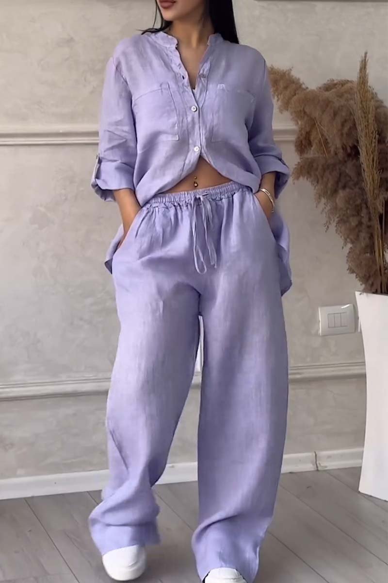 Two-Piece Set: Casual Solid Color Cotton-Linen Blend Pants