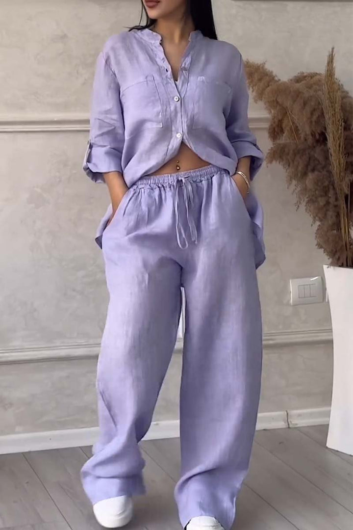 Two-Piece Set: Casual Solid Color Cotton-Linen Blend Pants
