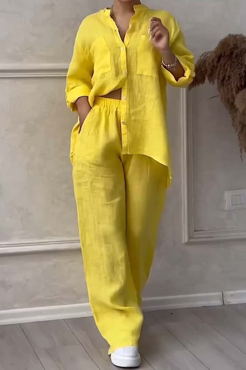 Two-Piece Set: Casual Solid Color Cotton-Linen Blend Pants